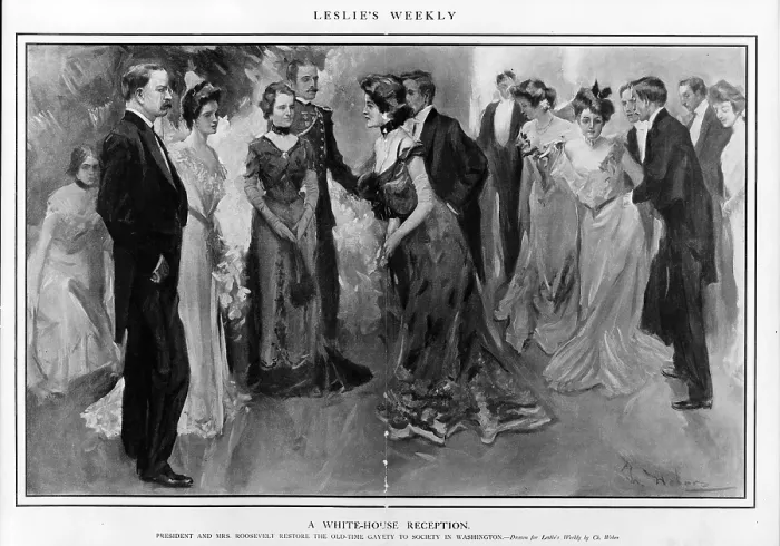 Framed Print : President and Mrs. Theodore Roosevelt with group of people at 1902 reception in the White House as Washington emerged from mourning assassinated President William McKinley