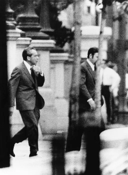 Framed Print : President Nixon, accompanied by Press Secy, Ronald Ziegler, walks to White House. Later in the day, Nixon announced his resignation. Aug. 8, 1974
