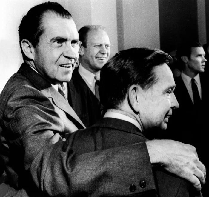 Framed Print : President Nixon with his arm around Democratic Majority Leader Carl Albert. In the background is Minority Leader Gerald Ford
