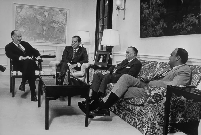 Framed Print : President Nixon conferring with Attorney-General Mitchell FBI Director J. Edgar Hoover and John D. Ehrlichman. Ca. 1969-1972