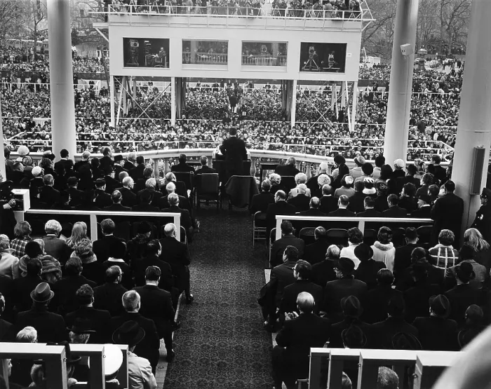 Framed Print : President Nixon delivering his inaugural address at the U.S. Capitol, Jan. 20, 1969. This unconventional view shows the imposing press booth. (BSLOC_2015_14_38)