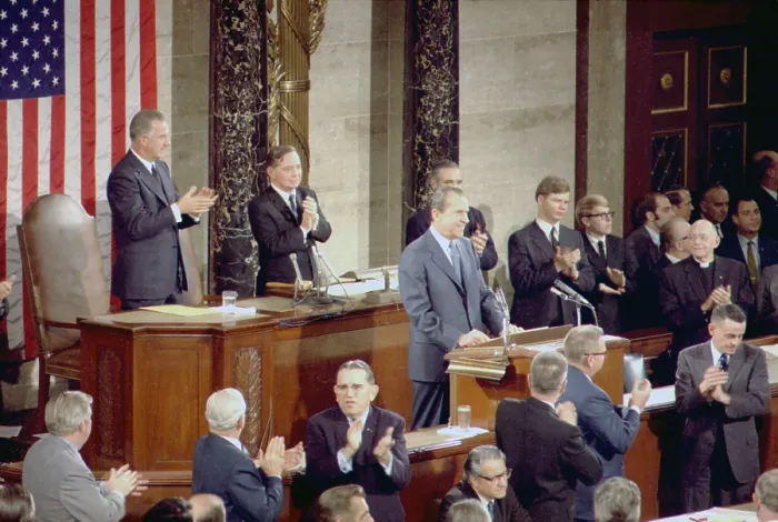 Framed Print : President Nixon delivering his State of the Union Speech to a joint session of Congress. Jan. 22 1971