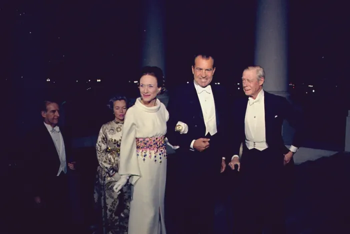 Framed Print : President Nixon greets the Duke and Duchess of Windsor. The Duchess wore a white silk gown by Givenchy with a belt of colored metallic beads. April 4 1970