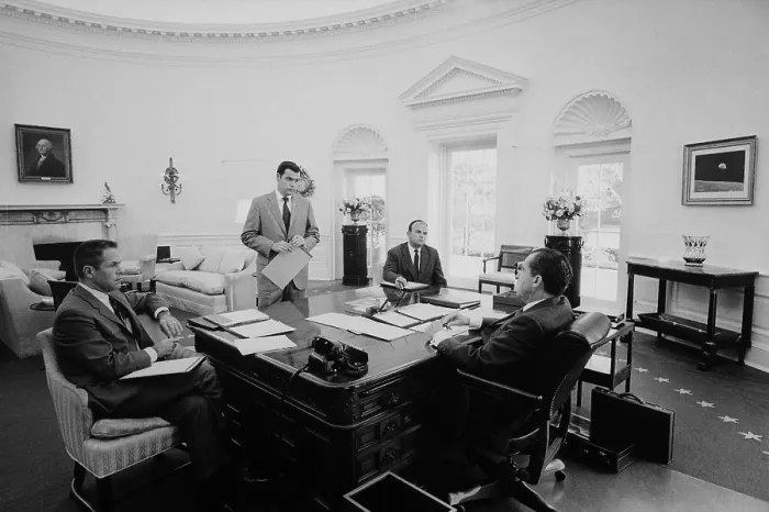 Framed Print : President Nixon meets with chief advisers in the Oval Office. L to R H.R. Haldeman Dwight Chapin John D. Ehrlichman Richard Nixon. March 13 1970