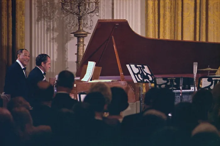 Framed Print : President Nixon playing the piano at Duke Ellington's 70th Birthday celebration at the Nixon White House. April 29 1969 Framed Print : President Nixon playing the piano at Duke Ellington's 70th Birthday celebration at the Nixon White House. April 29 1969