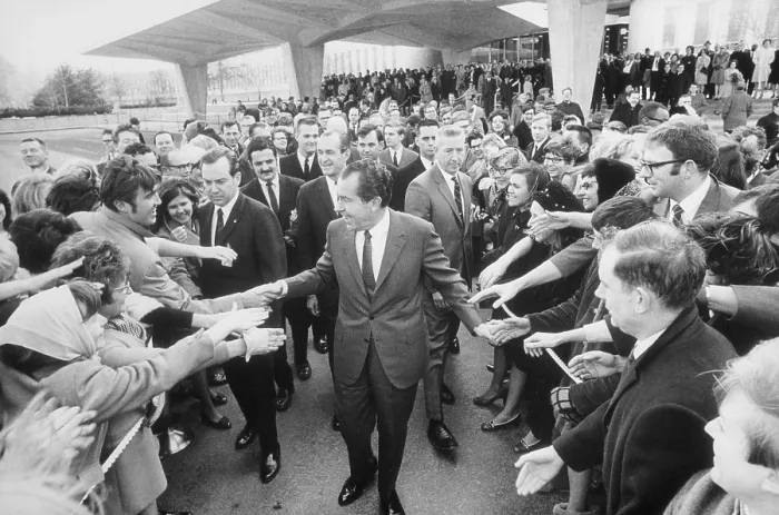 Framed Print : President Nixon shaking hands with CIA employees after speaking at the CIA headquarters. March 7 1969
