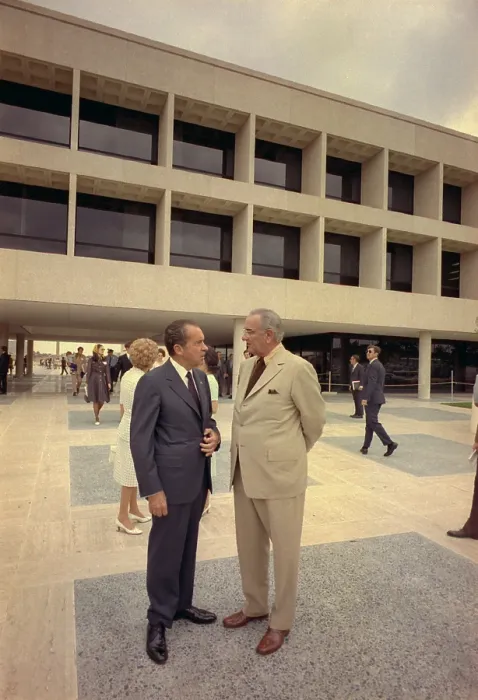 Framed Print : President Nixon standing with Lyndon Johnson outside the LBJ Library in Austin Texas. May 22 1971