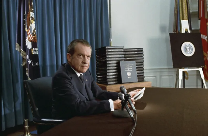 Framed Print : President Nixon before his televised address about releasing the transcripts of White House tapes. May 1, 1974.. (BSLOC_2015_14_53) Framed Print : President Nixon before his televised address about releasing the transcripts of White House tapes. May 1, 1974.. (BSLOC_2015_14_53)