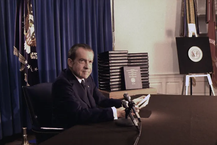 Framed Print : President Nixon before his televised address about releasing the transcripts of the White House tapes relating to the Watergate scandal. May 1 1974 Framed Print : President Nixon before his televised address about releasing the transcripts of the White House tapes relating to the Watergate scandal. May 1 1974
