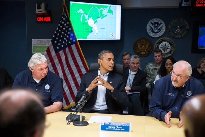 Framed Print : President Obama at FEMA HQ during Hurricane Sandy, Oct. 28, 2012