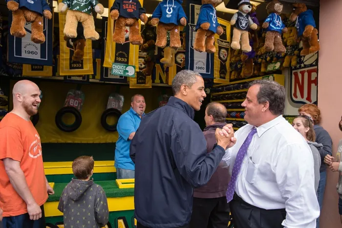 Framed Print : President Obama and Governor Chris Christie playing Arcade Game, Touch Down Fever. They were promoting tourism along the Point Pleasant Boardwalk