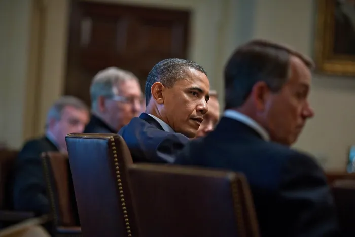 Framed Print : President Obama meets with bipartisan House and Senate Leadership, April 13, 2011. Seated next to the President from left are: Sen. Mitch McConnell and House Speaker John Boehner