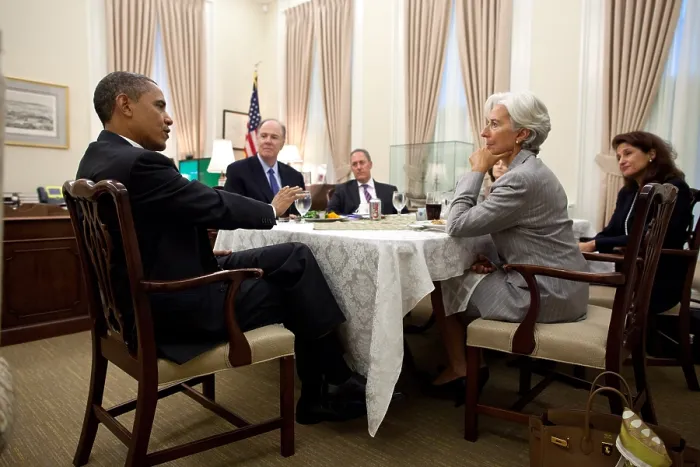 Framed Print : President Obama talks with Christine Lagarde, Managing Dir. Of International Monetary Fund. White House, Sept. 7, 2011. Also at the meeting are L-R: National Sec
