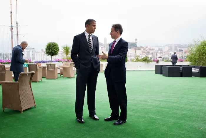 Framed Print : President Obama with Treasury Sec. Timothy Geithner at G20 Summit in Cannes, France. Nov. 4, 2011 (BSLOC_2015_13_249) Framed Print : President Obama with Treasury Sec. Timothy Geithner at G20 Summit in Cannes, France. Nov. 4, 2011 (BSLOC_2015_13_249)