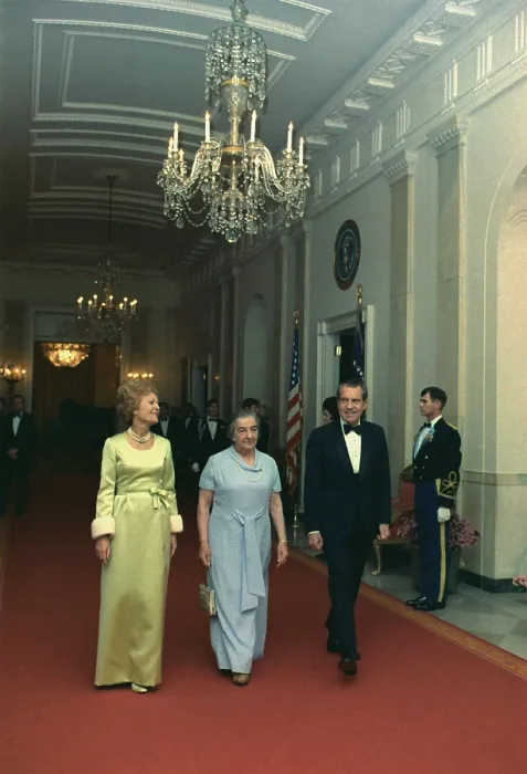 Framed Print : President and Pat Nixon with Israeli Prime Minister Golda Meir in evening attire at the White House. 1969