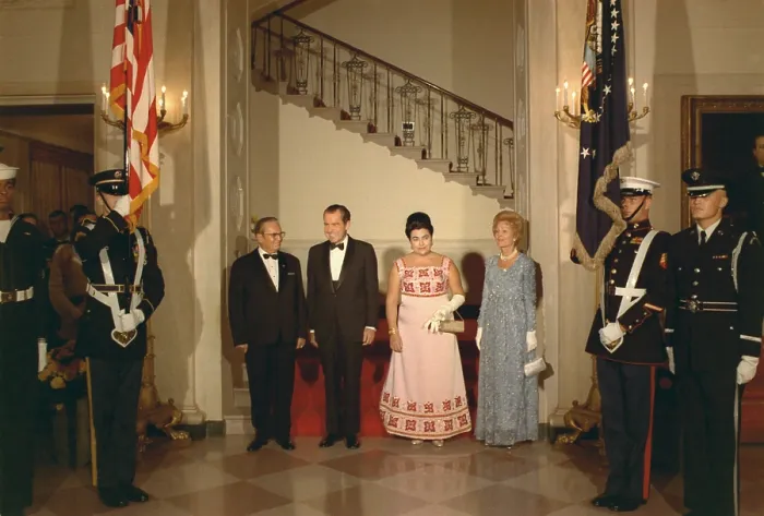 Framed Print : President and Pat Nixon pose with Yugoslav President Josip Broz Tito and Jovanka Tito before a state dinner in their honor. Oct. 28 1971