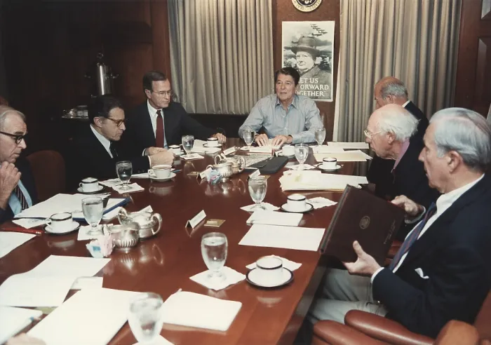 Framed Print : President Reagan holding a National Security Council meeting on the hijacking of TWA Flight 847 by Lebanese Shia extremists in the White House Situation Room