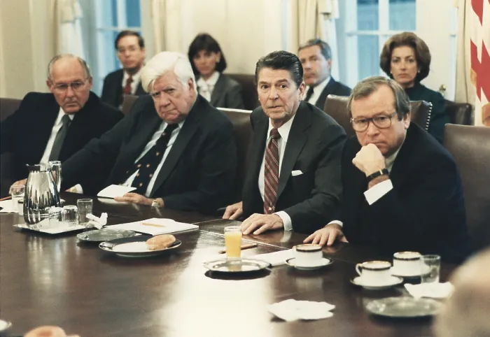 Framed Print : President Reagan meeting with Congress after the invasion of Grenada in the Cabinet Room Framed Print : President Reagan meeting with Congress after the invasion of Grenada in the Cabinet Room