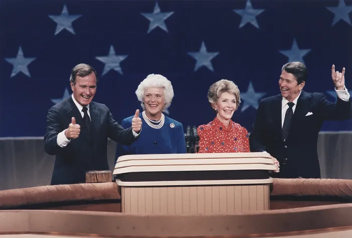 Framed Print : President Reagan Nancy Reagan Vice-President Bush and Barbara. Bush at the Republican National Convention Dallas Texas. August 23 1984. PO-USP-Reagan-Bush_NA-12-0107M
