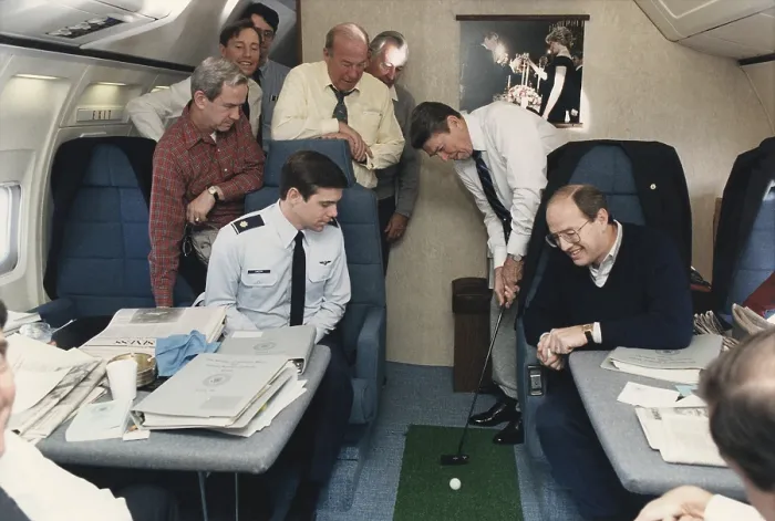 Framed Print : President Reagan putting a golf ball around Air Force One while flying to Geneva Summit with Soviet Union's Gorbachev