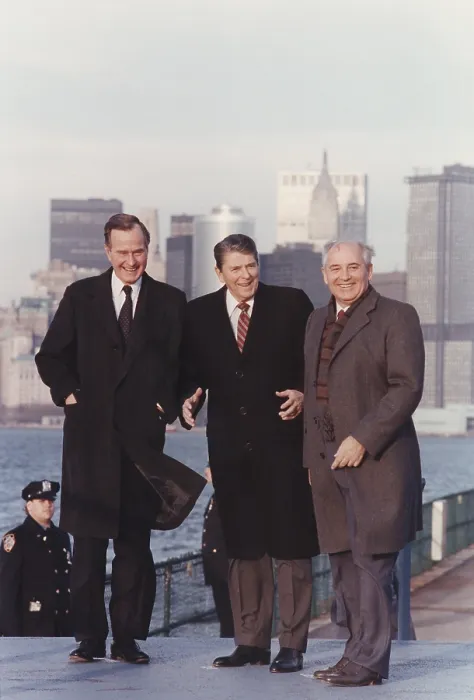 Framed Print : President Reagan and Vice-President and President Elect George Bush with General Secretary Gorbachev on Governor's Island New York. Dec. 7 1988. (BSLOC_2011_2_16) Framed Print : President Reagan and Vice-President and President Elect George Bush with General Secretary Gorbachev on Governor's Island New York. Dec. 7 1988. (BSLOC_2011_2_16)