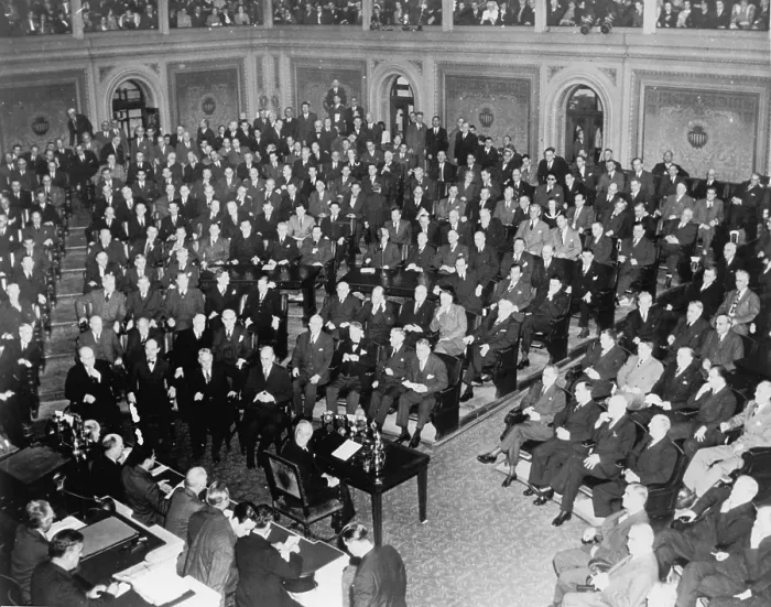 Framed Print : President reports to Congress on March 1, 1945, following the Big Three Conference with Churchill and Stalin in Yalta