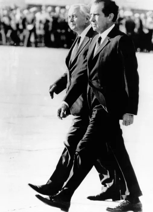 Framed Print : President Richard Nixon and British Prime Minister Harold Wilson walk in step. They were reviewing an honor guard upon Nixon's arrival at Mindenhall Air Force Base, England Framed Print : President Richard Nixon and British Prime Minister Harold Wilson walk in step. They were reviewing an honor guard upon Nixon's arrival at Mindenhall Air Force Base, England