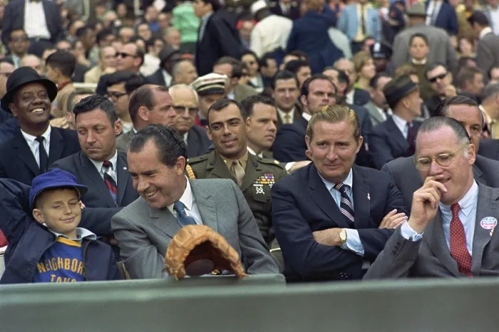 Framed Print : President Richard Nixon enjoys opening day at RFK Stadium, April 7, 1969. Senators owner Bob Short is second from right. Commissioner of Baseball Bowie Kuhn is on far right