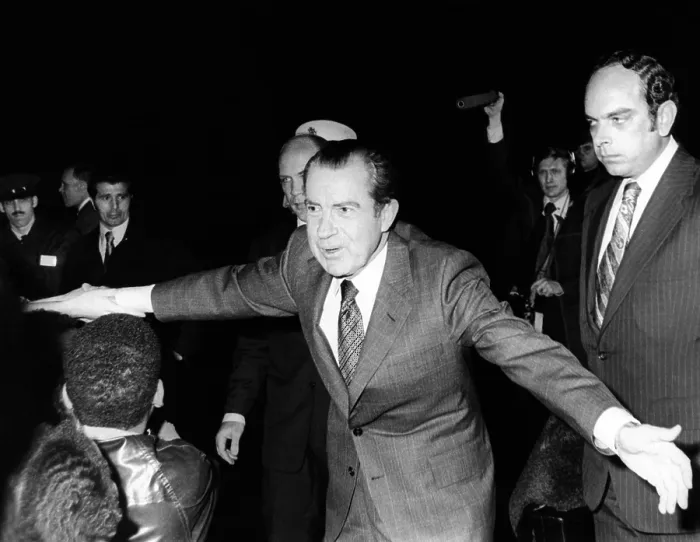 Framed Print : President Richard Nixon extends himself greeting people at Angra do Heroismo, Azores. He was leaving after a two day summit meeting with French President George Pompidou