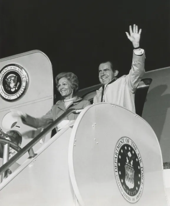 Framed Print : President Richard Nixon and the First Lady Patricia Nixons wave from the door of Airforce One on August 11, 1969 Framed Print : President Richard Nixon and the First Lady Patricia Nixons wave from the door of Airforce One on August 11, 1969