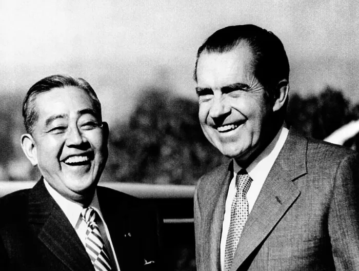 Framed Print : President Richard Nixon and Japanese Prime Minister Eisako Sate share a laugh on the first of two days of private talks. San Clemente, California. Jan. 6, 1972