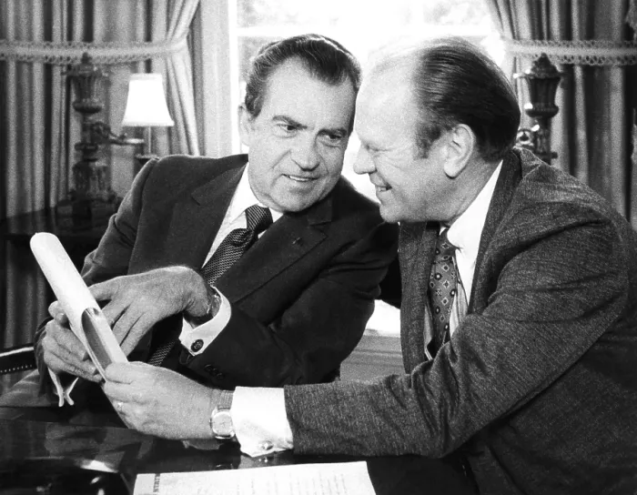 Framed Print : President Richard Nixon meets with House Minority Leader Gerald Ford at the White House. Oct. 13, 1973, (CSU_ALPHA_372) CSU Archives / Everett Collection