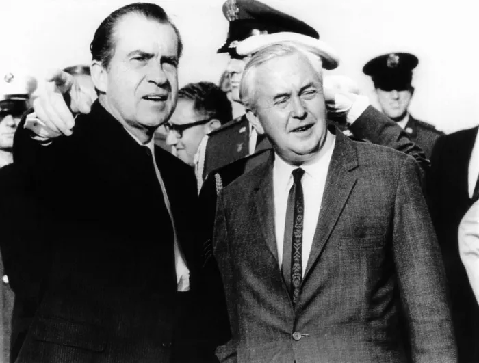 Framed Print : President Richard Nixon was met by British Prime Minister Harold Wilson at the Mindenhall Air Force Base. August 3, 1969. Nixon was in England as part of his seven nation tour