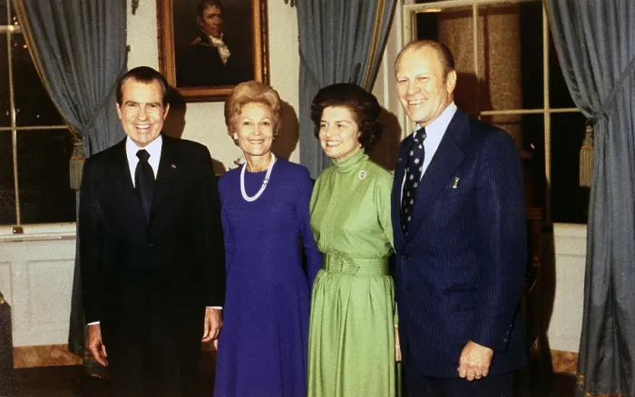 Framed Print : President Richard Nixon, Pat Nixon, Betty Ford, and Representative Gerald Ford following his as the President's choice to succeed disgraced Vice President Sprio T. Agnew