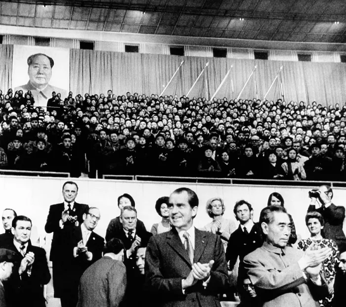 Framed Print : President Richard Nixon and Premier Chou En-lai applaud Chinese athletes prior to a gymnastic performance at the Capital Gymnasium. Beijing, Feb. 23, 1972