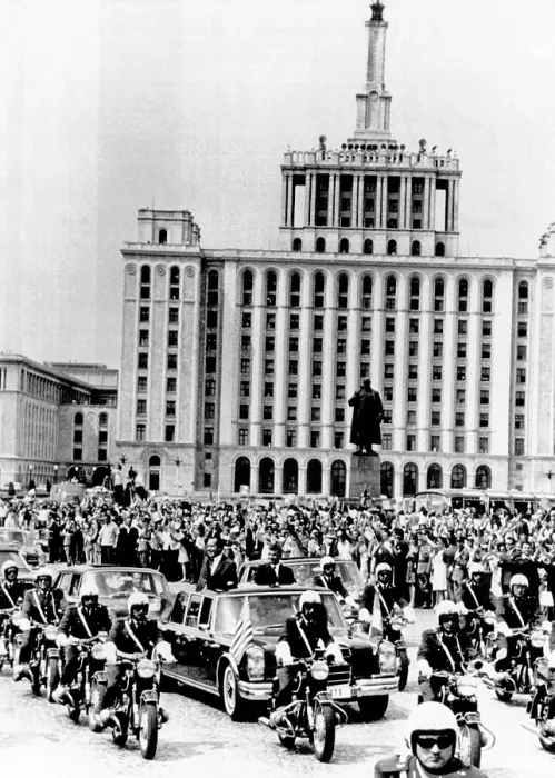 Framed Print : President Richard Nixon and President Nicolae Ceausescu ride through Bucharest, Romania