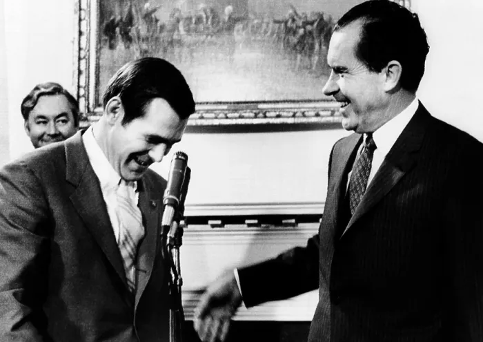 Framed Print : President Richard Nixon with Rep. Donald Rumsfeld, after naming him to be director of the Office of Economic Opportunity (OEO). April 21, 1969