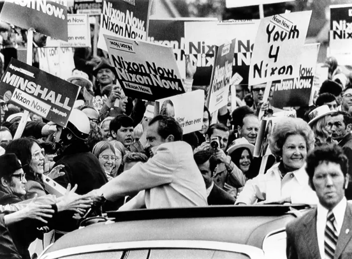 Framed Print : President Richard Nixon shakes hands with bystanders on his 80-mile motorcade campaign swing through Northeast Ohio. Oct. 28, 1972. (CSU_ALPHA_543) CSU Archives / Everett Collection