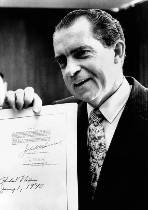 Framed Print : President Richard Nixon after signing Senate Bill 1075, creating the Council of Environmental Quality on Jan. 1, 1970