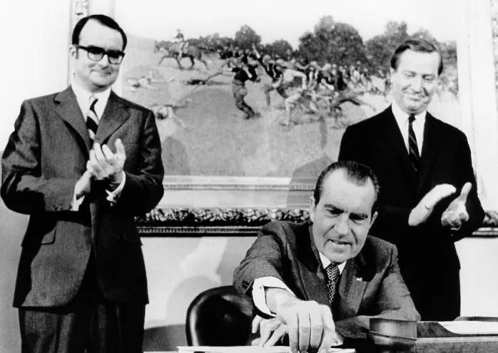 Framed Print : President Richard Nixon signs far reaching anti-pollution legislation. It will require the auto industry to produce virtually emission free cars by 1976 Framed Print : President Richard Nixon signs far reaching anti-pollution legislation. It will require the auto industry to produce virtually emission free cars by 1976