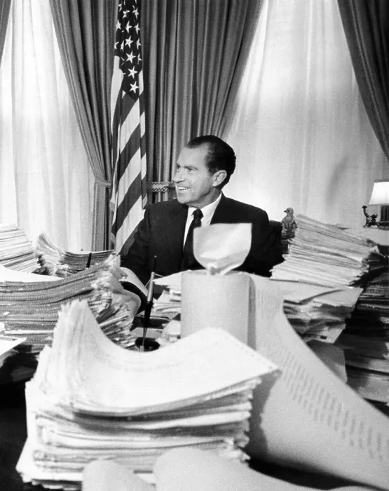 Framed Print : President Richard Nixon sitting among stacks of telegrams supporting his Vietnam policy Framed Print : President Richard Nixon sitting among stacks of telegrams supporting his Vietnam policy