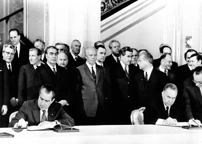 Framed Print : President Richard Nixon and Soviet Premier Alexei Kosygin sign an agreement for joint US-Soviet spaceflights. Standing behind the signers are L-R: Leonid Brezhnev, General Secy Framed Print : President Richard Nixon and Soviet Premier Alexei Kosygin sign an agreement for joint US-Soviet spaceflights. Standing behind the signers are L-R: Leonid Brezhnev, General Secy