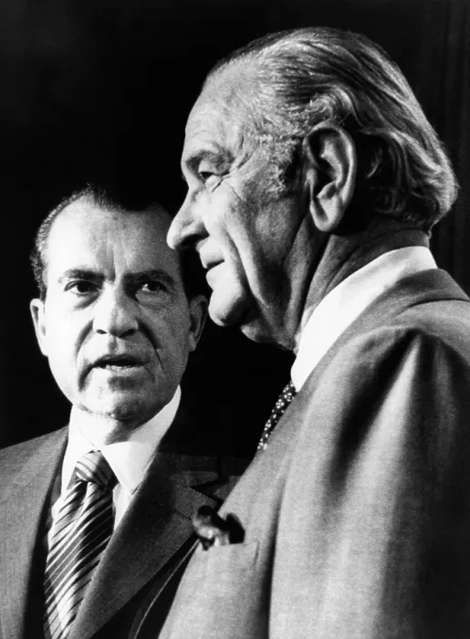 Framed Print : President Richard Nixon talks with former Pres. Lyndon Johnson in the new press room in the White House. Nixon invited Johnson for breakfast and a discussion on foreign policy