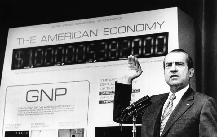 Framed Print : President Richard Nixon unveiled a new Gross national product (GNP) Clock at the Commerce Dept