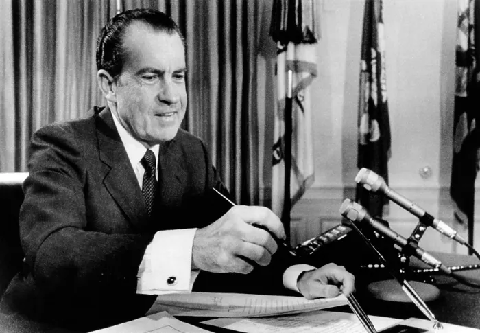 Framed Print : President Richard Nixon vetoing a $19.7 billion health and education bill. He told a nationwide television audience he vetoed it to avoid surrendering to inflation'. Jan