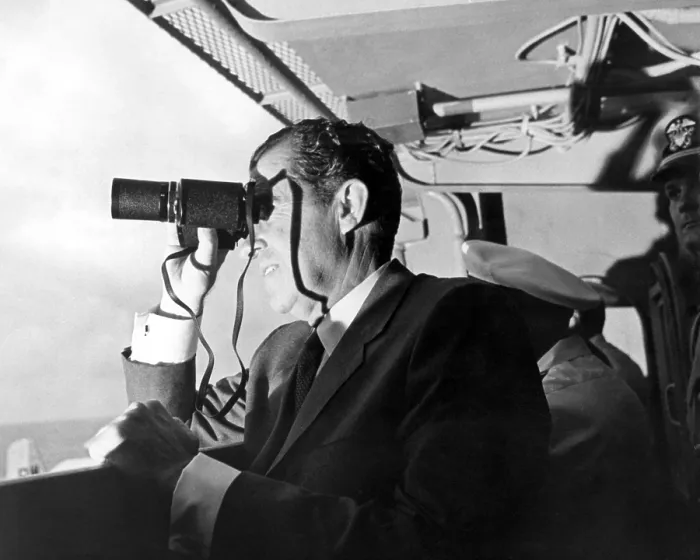Framed Print : President Richard Nixon watches Apollo 11 splashdown. On the USS Hornet aircraft carrier, Nixon watches the Lunar Mission recovery. July 24, 1969