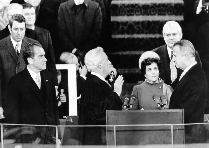 Framed Print : President Richard Nixon watches Vice President Spiro Agnew take his oath of office Framed Print : President Richard Nixon watches Vice President Spiro Agnew take his oath of office