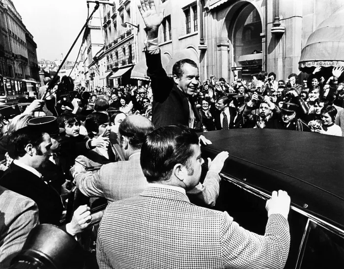 Framed Print : President Richard Nixon waves to cheering spectators in Paris. Nixon was in Paris to attend the memorial service for French President Pompidou. April 7, 1974
