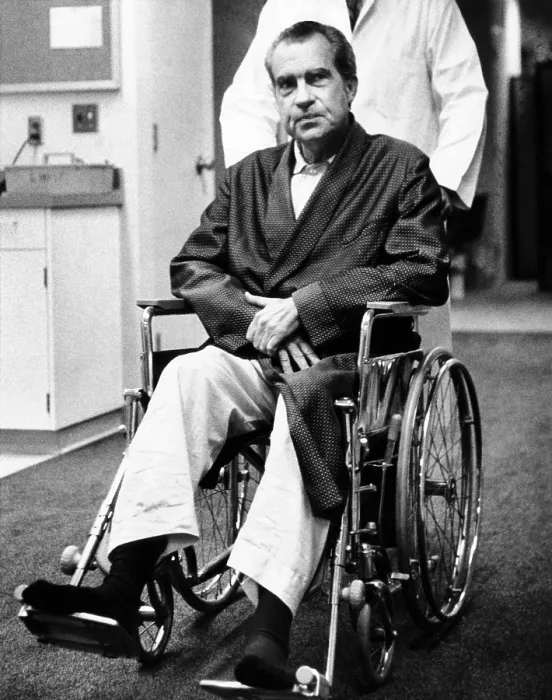 Framed Print : Former President Richard Nixon in wheelchair. He was at Long Beach Hospital being treated for a blood clot in the lung. Sept. 30, 1974