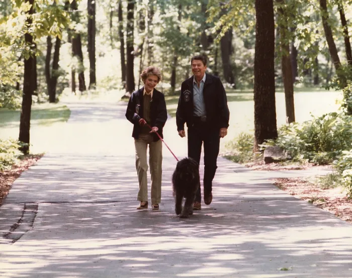 Framed Print : President Ronald and Nancy Reagan walking Lucky, a Bouvier des Flandres dog, at the presidential retreat, Camp David, May 18, 1985 Framed Print : President Ronald and Nancy Reagan walking Lucky, a Bouvier des Flandres dog, at the presidential retreat, Camp David, May 18, 1985